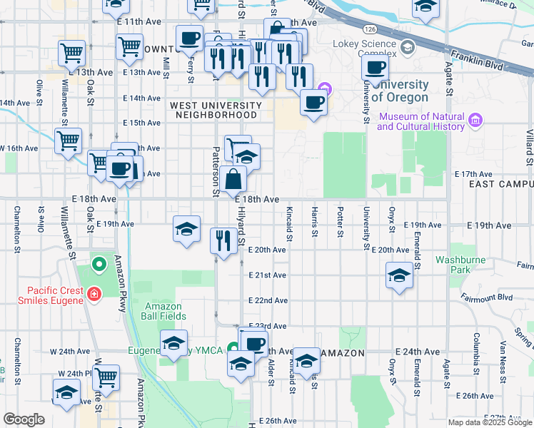 map of restaurants, bars, coffee shops, grocery stores, and more near 750 Alder Alley in Eugene