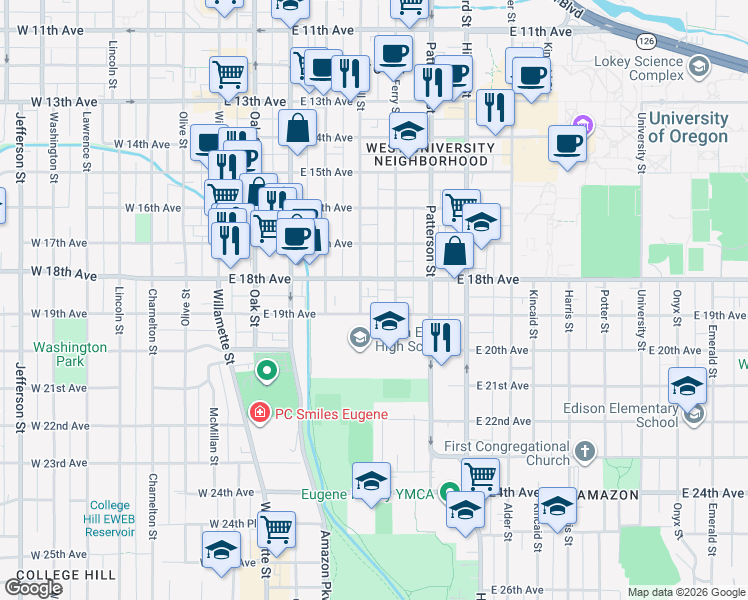 map of restaurants, bars, coffee shops, grocery stores, and more near 480 East 18th Avenue in Eugene