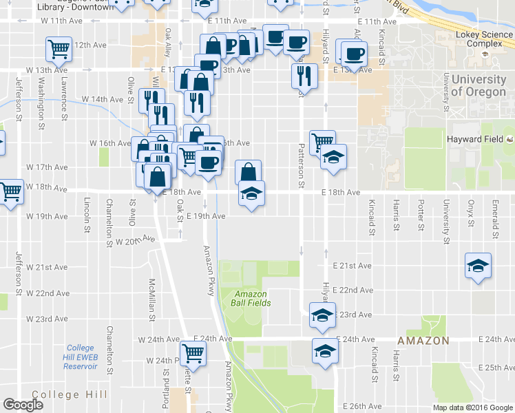 map of restaurants, bars, coffee shops, grocery stores, and more near 390 East 18th Avenue in Eugene