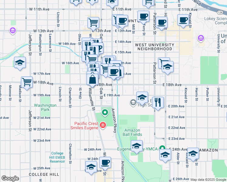 map of restaurants, bars, coffee shops, grocery stores, and more near in Eugene