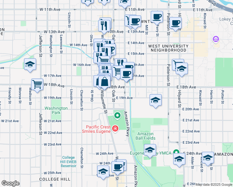 map of restaurants, bars, coffee shops, grocery stores, and more near 1711 Willamette Street in Eugene