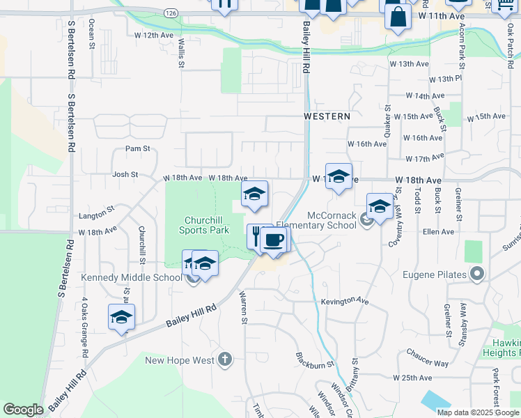 map of restaurants, bars, coffee shops, grocery stores, and more near 1850 Bailey Hill Road in Eugene