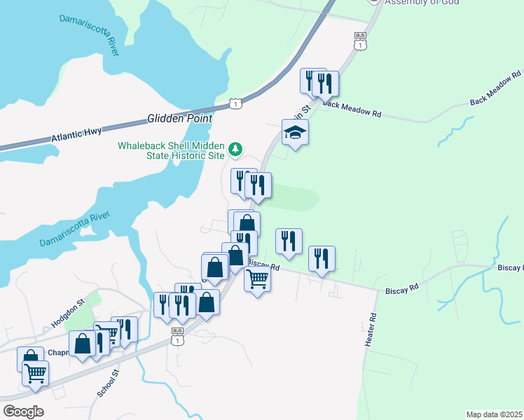 map of restaurants, bars, coffee shops, grocery stores, and more near 527 Main Street in Damariscotta