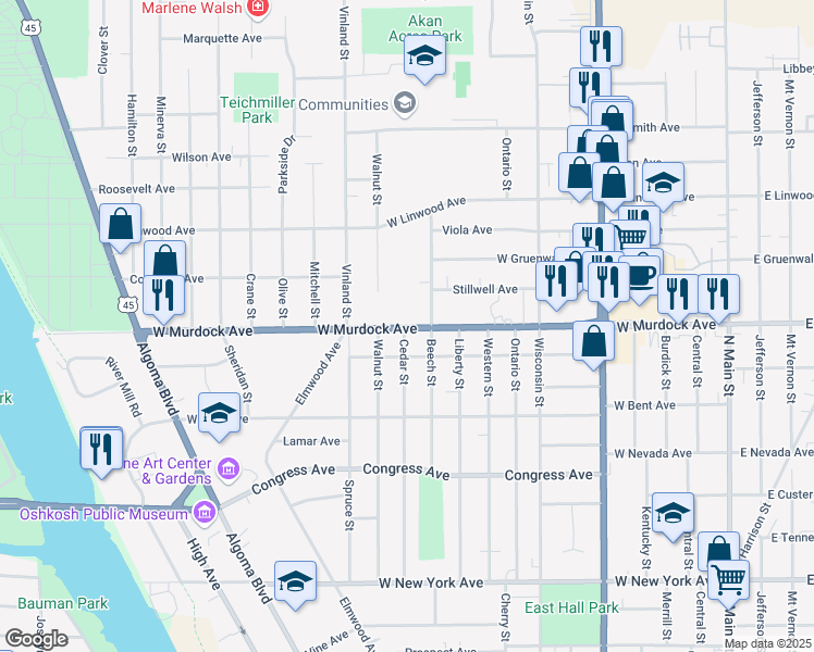 map of restaurants, bars, coffee shops, grocery stores, and more near 1110 West Murdock Avenue in Oshkosh