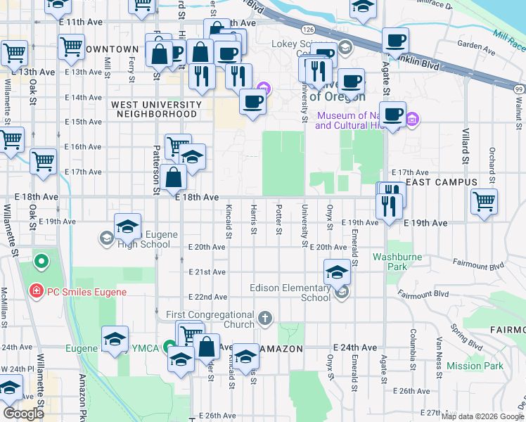 map of restaurants, bars, coffee shops, grocery stores, and more near 1827 Harris Street in Eugene
