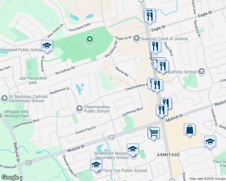 map of restaurants, bars, coffee shops, grocery stores, and more near 93 Clearmeadow Boulevard in Newmarket