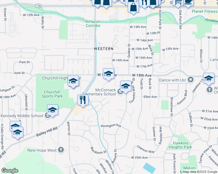 map of restaurants, bars, coffee shops, grocery stores, and more near 3590 West 18th Avenue in Eugene