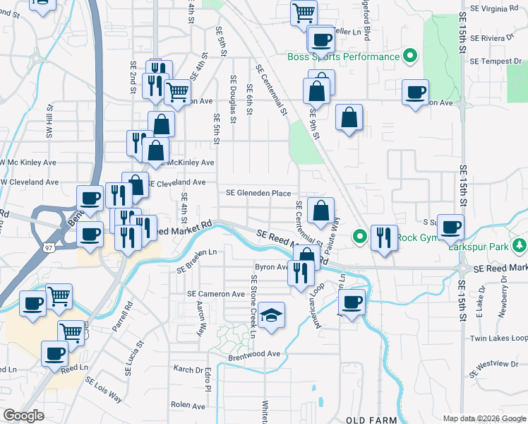 map of restaurants, bars, coffee shops, grocery stores, and more near 615 Southeast Glengarry Place in Bend