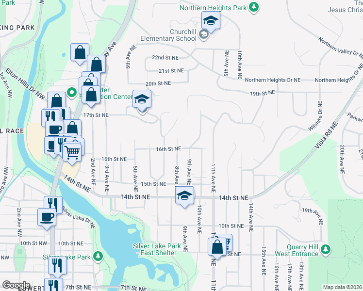 map of restaurants, bars, coffee shops, grocery stores, and more near 1607 9th Avenue Northeast in Rochester