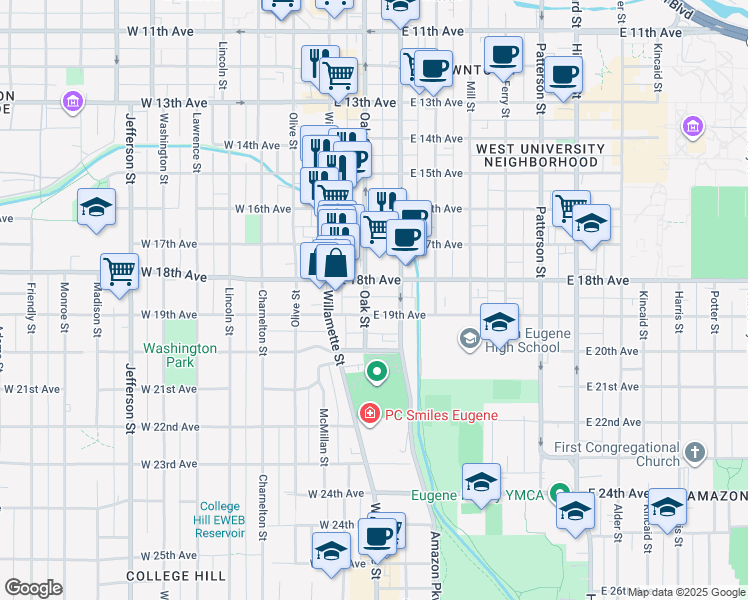 map of restaurants, bars, coffee shops, grocery stores, and more near 1855 Oak Street in Eugene