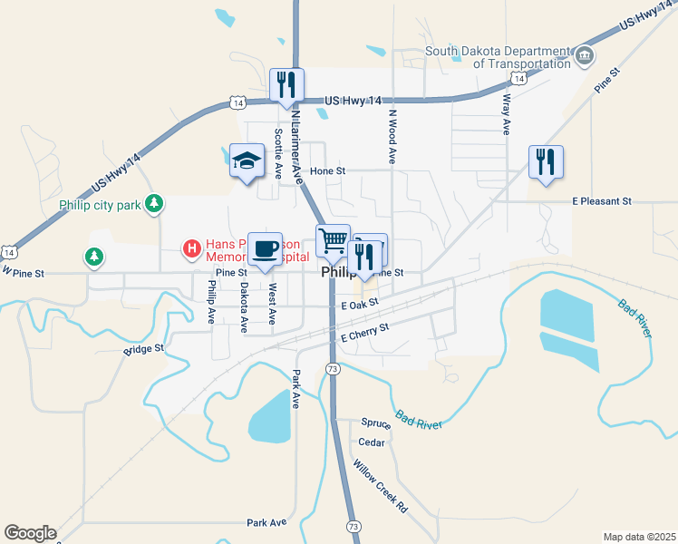 map of restaurants, bars, coffee shops, grocery stores, and more near in Philip