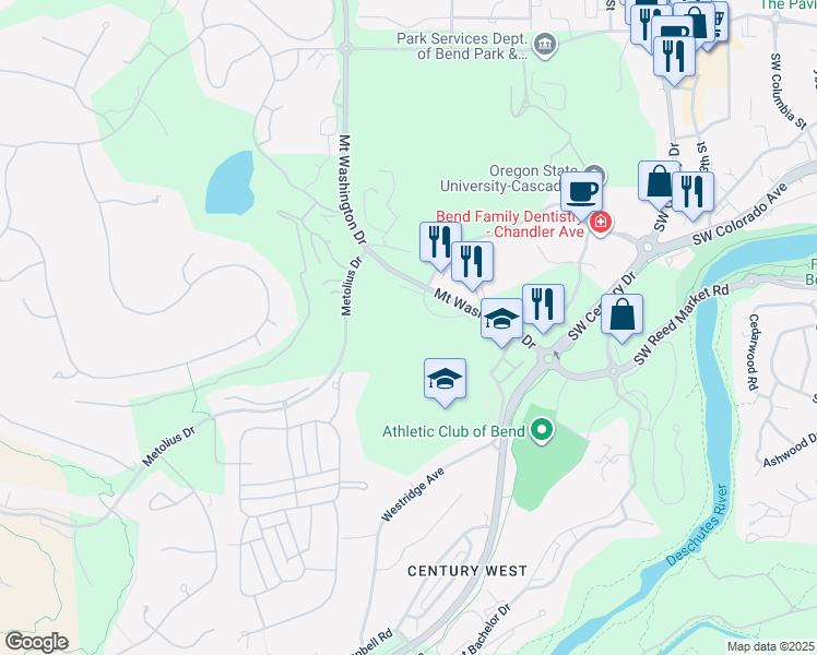 map of restaurants, bars, coffee shops, grocery stores, and more near 19630 Mountaineer Way in Bend