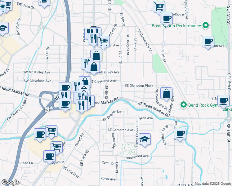map of restaurants, bars, coffee shops, grocery stores, and more near 495 Southeast Cleveland Avenue in Bend
