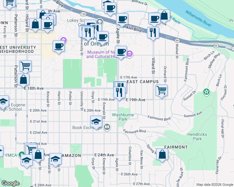 map of restaurants, bars, coffee shops, grocery stores, and more near 1460 East 18th Avenue in Eugene
