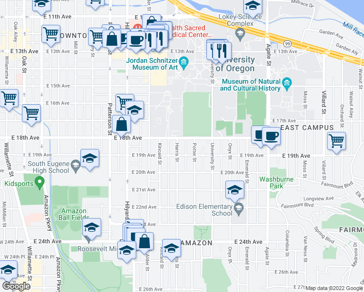map of restaurants, bars, coffee shops, grocery stores, and more near 966 East 18th Avenue in Eugene