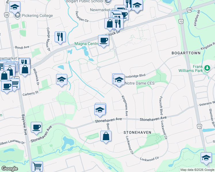 map of restaurants, bars, coffee shops, grocery stores, and more near 888 Cresta Rider Place in Newmarket