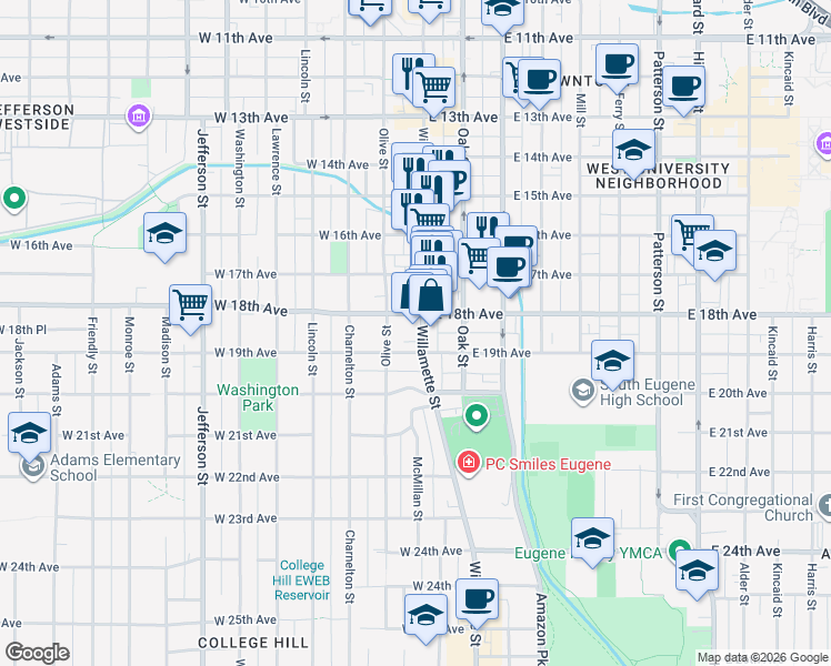 map of restaurants, bars, coffee shops, grocery stores, and more near 1711 Willamette Street in Eugene