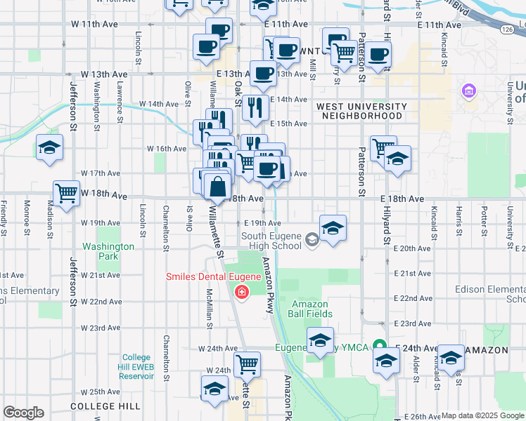 map of restaurants, bars, coffee shops, grocery stores, and more near 1850 Pearl Street in Eugene