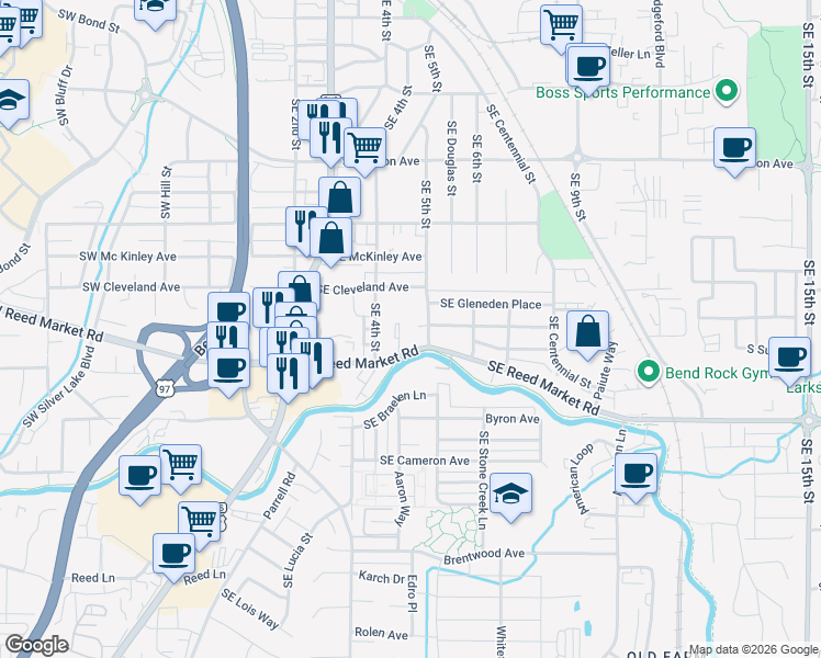 map of restaurants, bars, coffee shops, grocery stores, and more near 495 Southeast Cleveland Avenue in Bend
