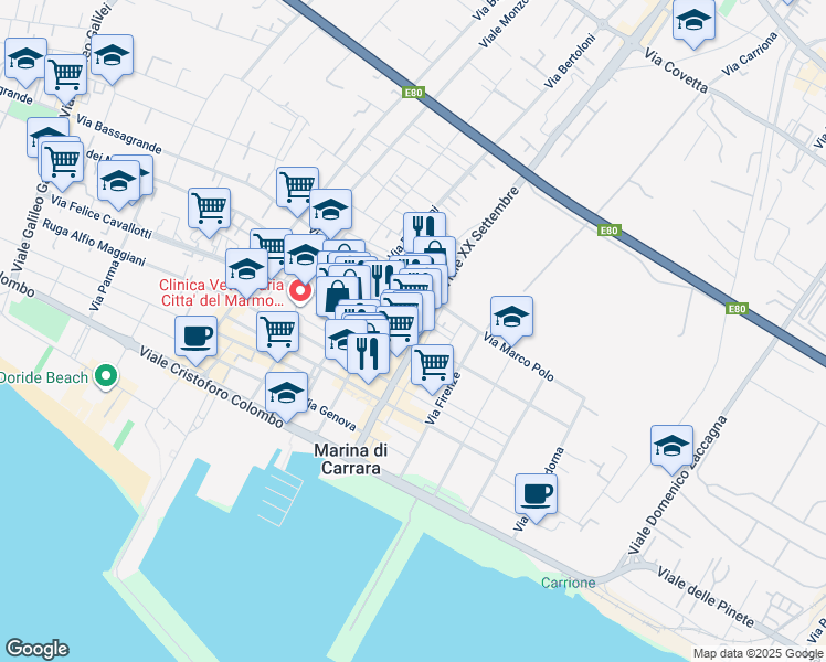 map of restaurants, bars, coffee shops, grocery stores, and more near 29 Via Nazario Sauro in Marina di Carrara