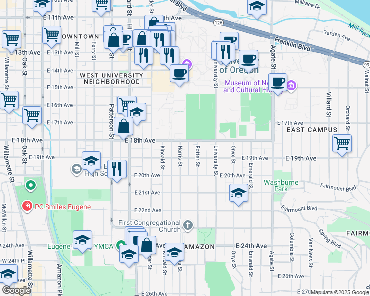 map of restaurants, bars, coffee shops, grocery stores, and more near 1825 Harris Street in Eugene