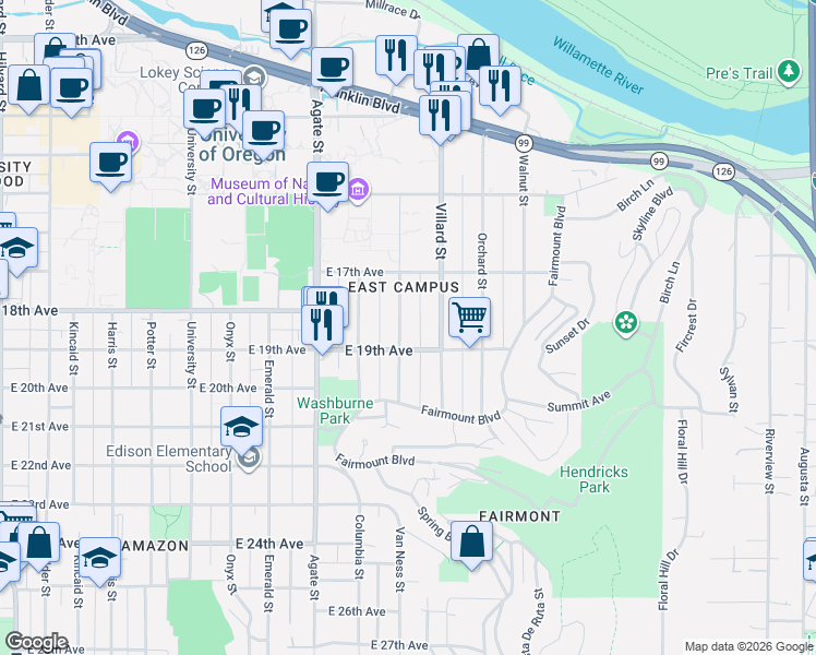 map of restaurants, bars, coffee shops, grocery stores, and more near 1843 Moss Street in Eugene