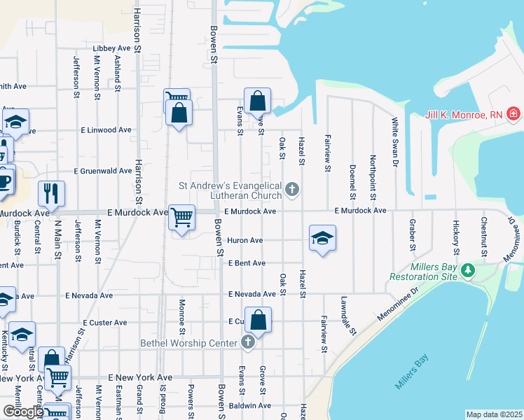 map of restaurants, bars, coffee shops, grocery stores, and more near 1800 Grove Street in Oshkosh