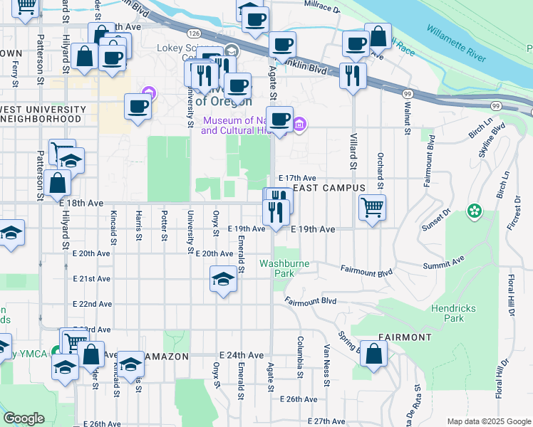 map of restaurants, bars, coffee shops, grocery stores, and more near 1460 East 18th Avenue in Eugene