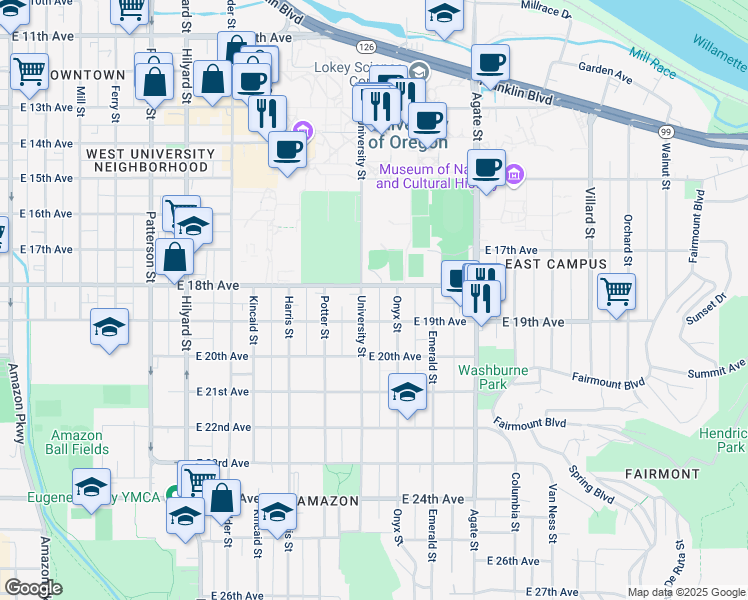 map of restaurants, bars, coffee shops, grocery stores, and more near 1840 Onyx Alley in Eugene