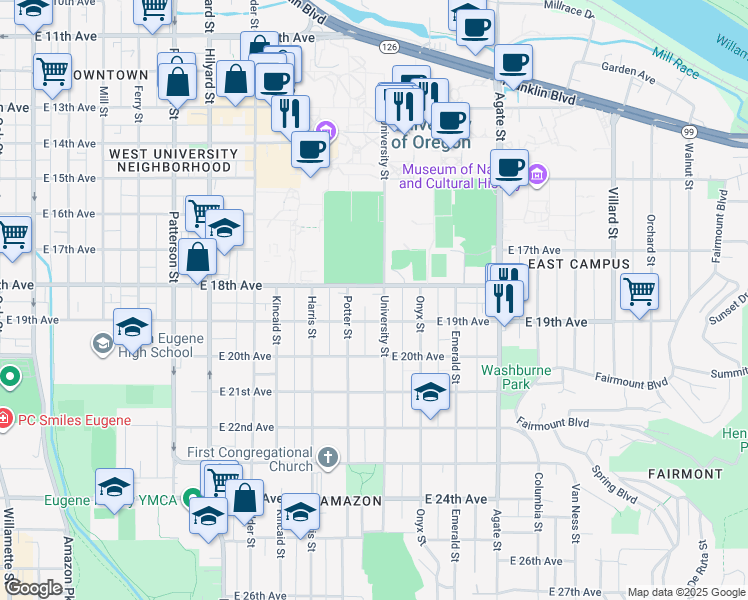 map of restaurants, bars, coffee shops, grocery stores, and more near 1842 University Street in Eugene
