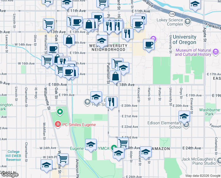map of restaurants, bars, coffee shops, grocery stores, and more near 1837 Patterson Street in Eugene