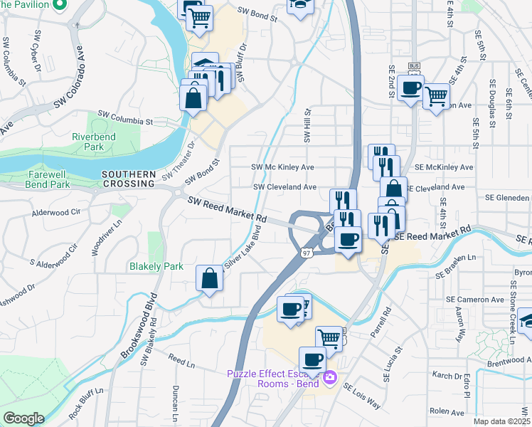 map of restaurants, bars, coffee shops, grocery stores, and more near 289 Southwest James Drive in Bend