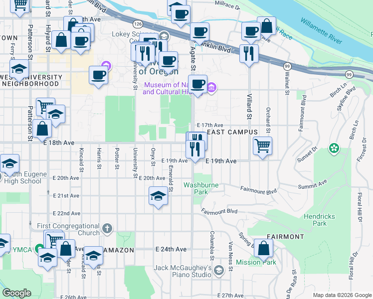 map of restaurants, bars, coffee shops, grocery stores, and more near 1840 Agate Street in Eugene