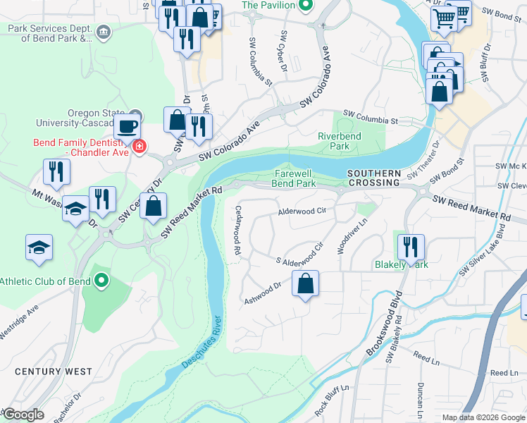map of restaurants, bars, coffee shops, grocery stores, and more near 19923 Alderwood Circle in Bend
