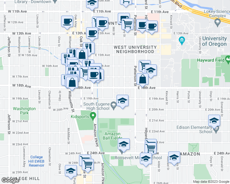 map of restaurants, bars, coffee shops, grocery stores, and more near 1841 Mill Street in Eugene