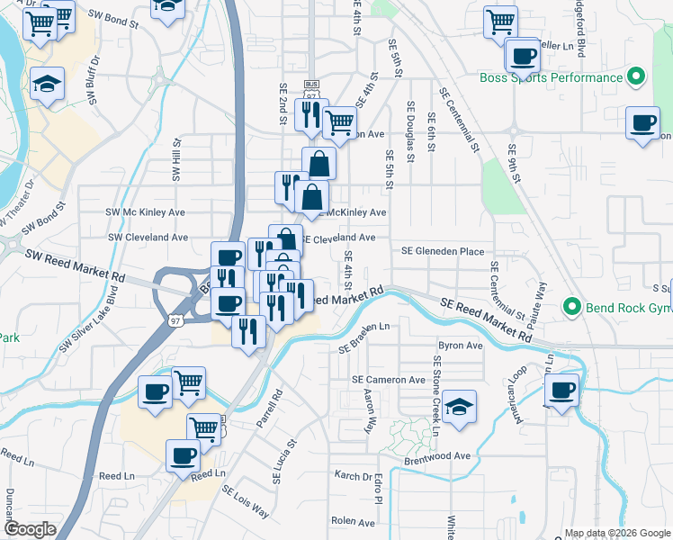 map of restaurants, bars, coffee shops, grocery stores, and more near 1030 Southeast Highway 97 in Bend