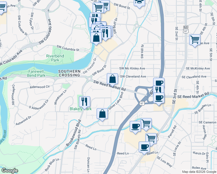 map of restaurants, bars, coffee shops, grocery stores, and more near 623 Southwest Peak View Place in Bend