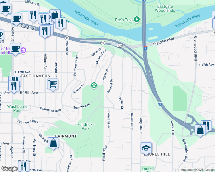map of restaurants, bars, coffee shops, grocery stores, and more near 1790 Fircrest Drive in Eugene