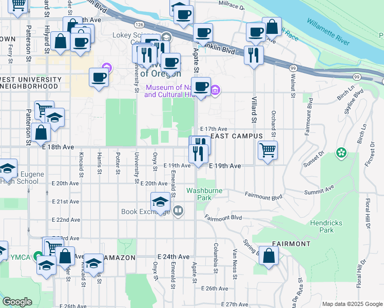map of restaurants, bars, coffee shops, grocery stores, and more near 1460 East 18th Avenue in Eugene