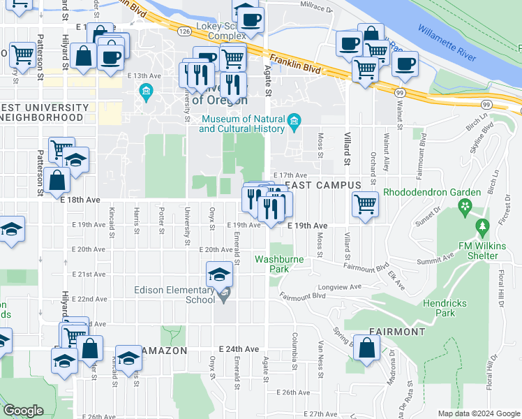 map of restaurants, bars, coffee shops, grocery stores, and more near 1460 East 18th Avenue in Eugene