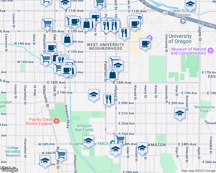 map of restaurants, bars, coffee shops, grocery stores, and more near 595 East 18th Avenue in Eugene