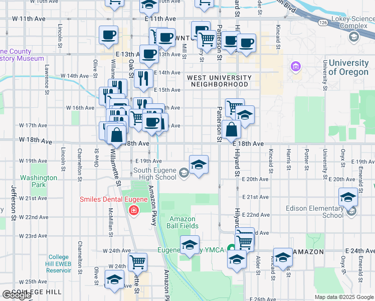 map of restaurants, bars, coffee shops, grocery stores, and more near 390 East 18th Avenue in Eugene