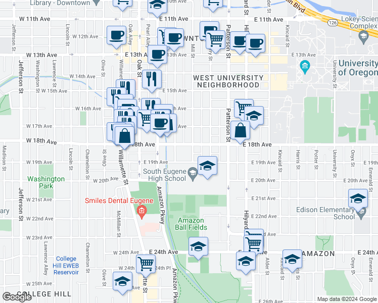 map of restaurants, bars, coffee shops, grocery stores, and more near 390 East 18th Avenue in Eugene