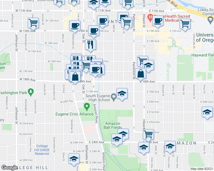 map of restaurants, bars, coffee shops, grocery stores, and more near 390 East 18th Avenue in Eugene