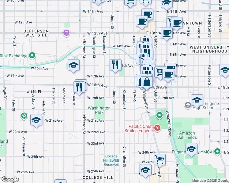 map of restaurants, bars, coffee shops, grocery stores, and more near 340 West 18th Avenue in Eugene