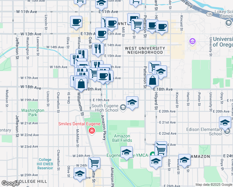 map of restaurants, bars, coffee shops, grocery stores, and more near 323 East 18th Alley in Eugene