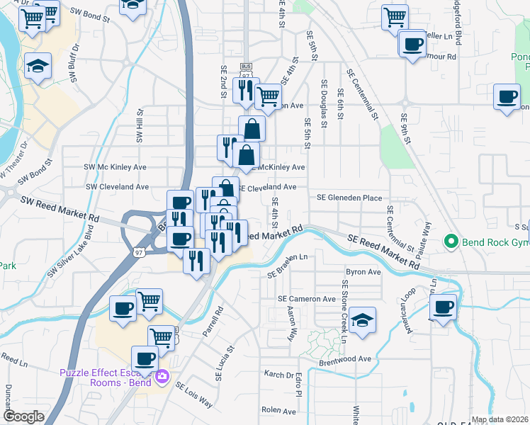 map of restaurants, bars, coffee shops, grocery stores, and more near 1030 Southeast Highway 97 in Bend