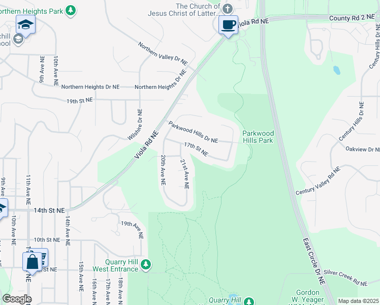 map of restaurants, bars, coffee shops, grocery stores, and more near 2127 17th Street Northeast in Rochester