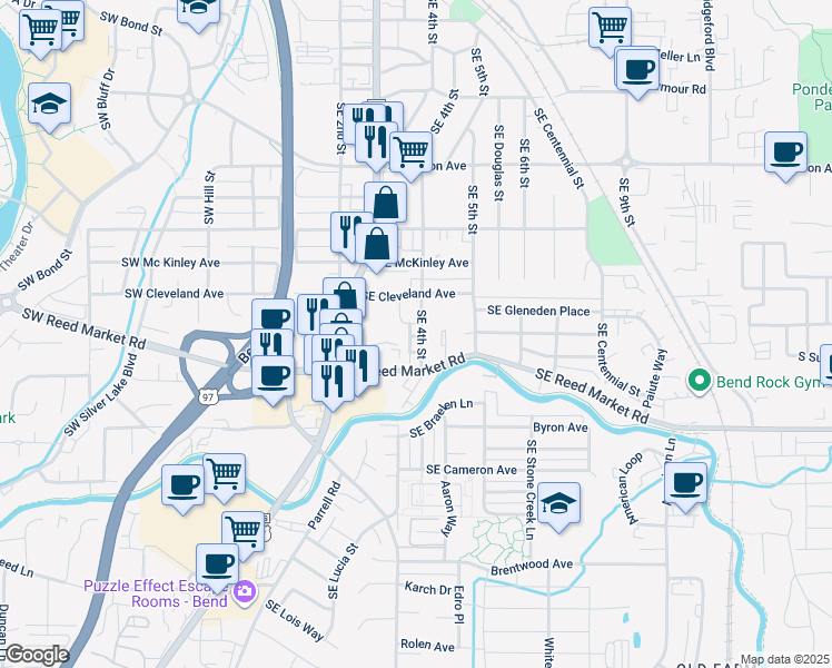 map of restaurants, bars, coffee shops, grocery stores, and more near 1036 Southeast Leonel Lane in Bend
