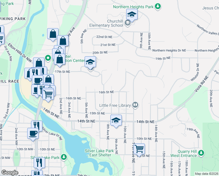 map of restaurants, bars, coffee shops, grocery stores, and more near 1622 Northwood Drive Northeast in Rochester